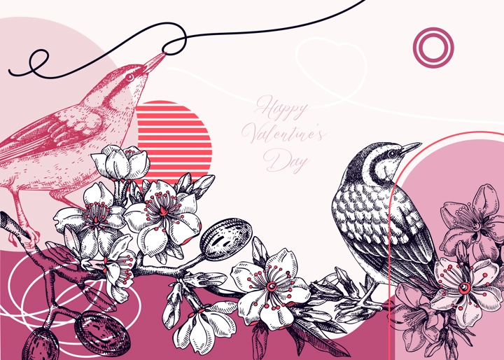 Valentine's day card. Collage style doves background. Hand-drawn vector illustration. Beautiful bird, blooming branch, spring flower sketches. Trendy style love frame, print, poster